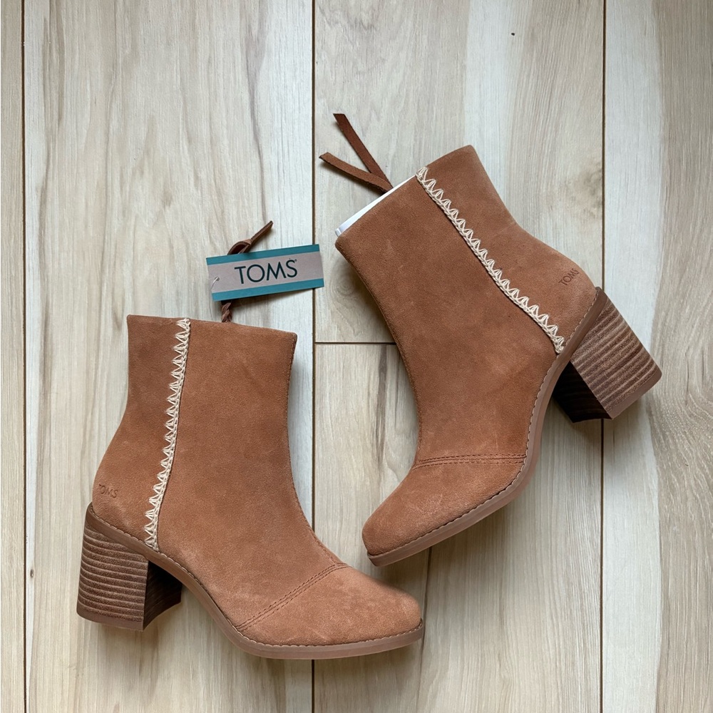 TOMS Tan Suede Stacked Heel Ankle Boots with Stitch Detail - Picture 5 of 5